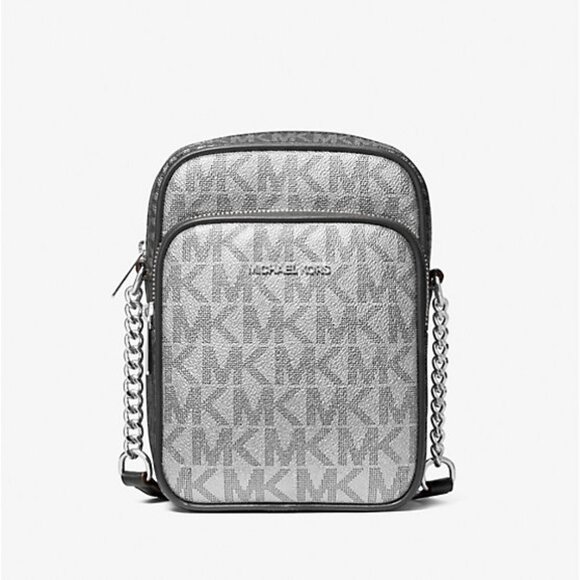 Michael Kors Jet Set Medium Silver Metallic Signature Logo Crossbody Bag Boxed - Picture 1 of 9